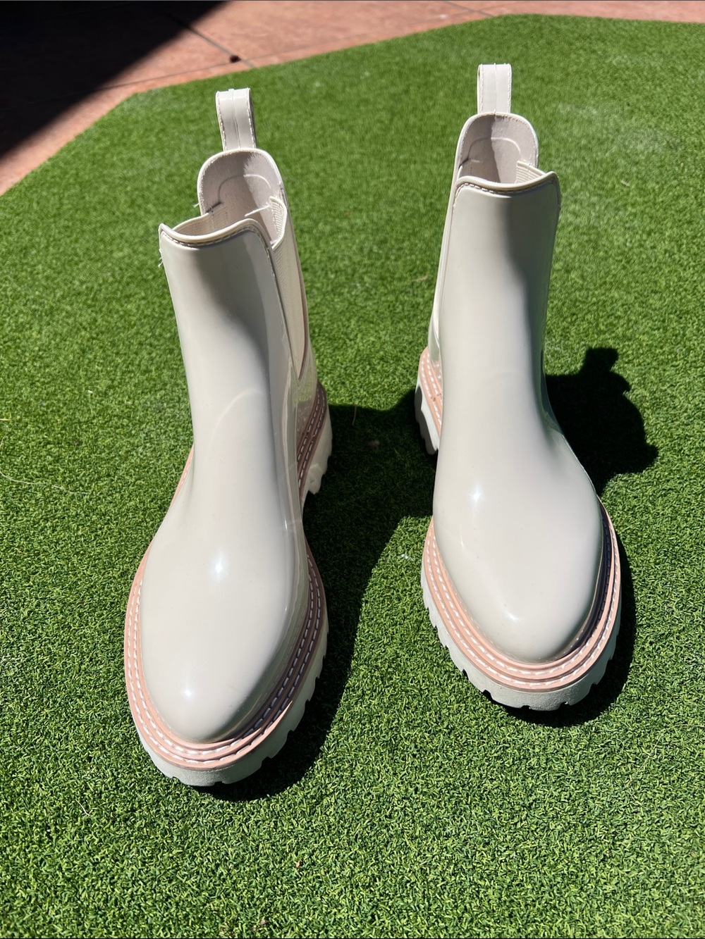 Dolce Vita Women’s Cream Chelsea Rain Boots with beige trim